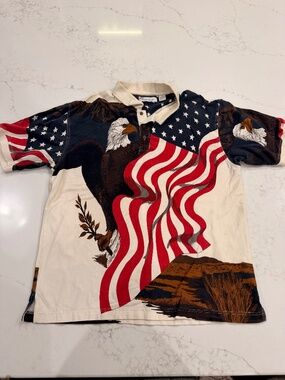 Vintage Style American Eagle Flag Polo Shirt XL Patriotic USA Graphic 90s Style